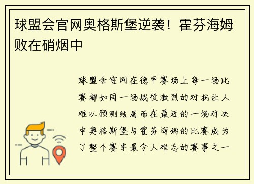 球盟会官网奥格斯堡逆袭！霍芬海姆败在硝烟中
