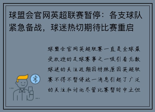 球盟会官网英超联赛暂停：各支球队紧急备战，球迷热切期待比赛重启