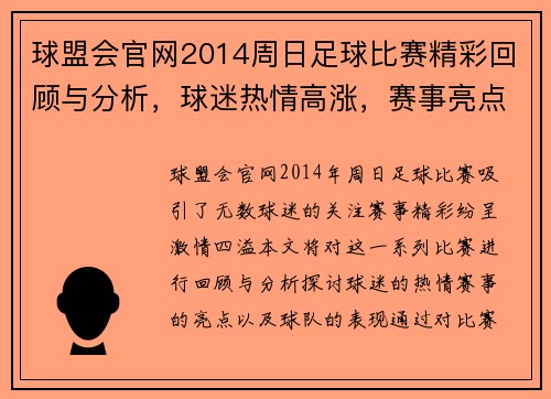 球盟会官网2014周日足球比赛精彩回顾与分析，球迷热情高涨，赛事亮点纷呈