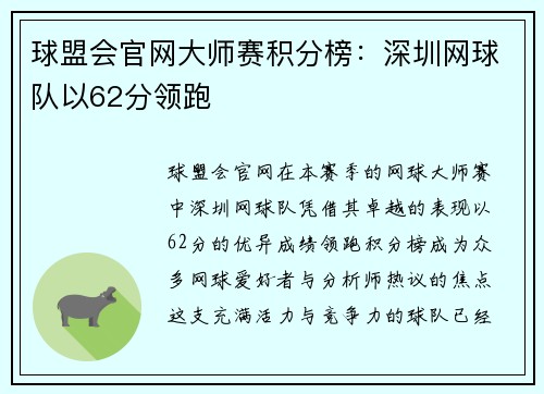 球盟会官网大师赛积分榜：深圳网球队以62分领跑