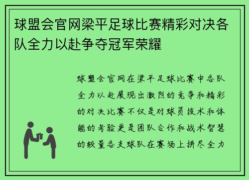 球盟会官网梁平足球比赛精彩对决各队全力以赴争夺冠军荣耀