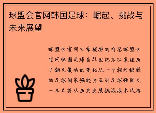 球盟会官网韩国足球：崛起、挑战与未来展望